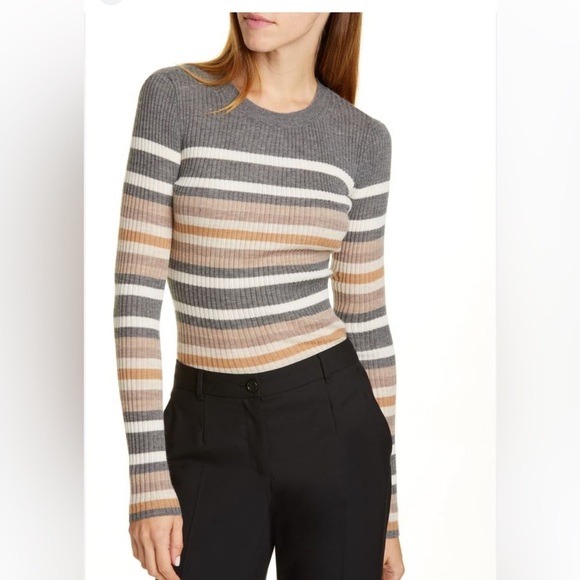 Theory 100% Cashmere Knit Ribbed Mixed Stripe Crewneck Regal Sweater Large - Picture 2 of 7